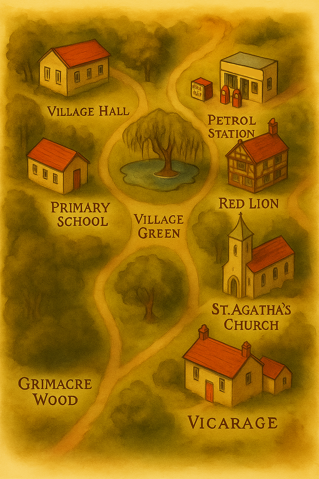 Map of Swinton village showing hall, church, green and Grimacre Wood